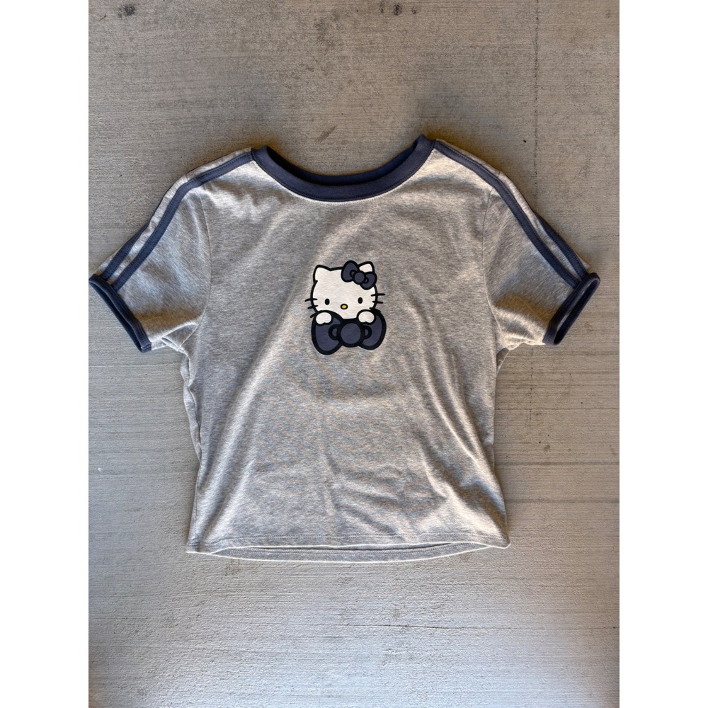 Hello Kitty Crop Top Ringer Tee Y2K Sanrio Gray Blue Trim Medium